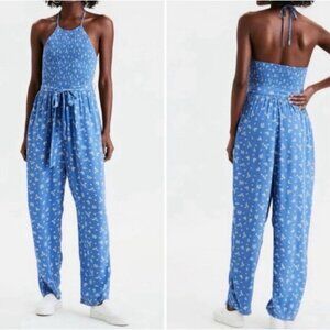 American Eagle Jumpsuit Womens Size L - Blue Floral Smocked Halter